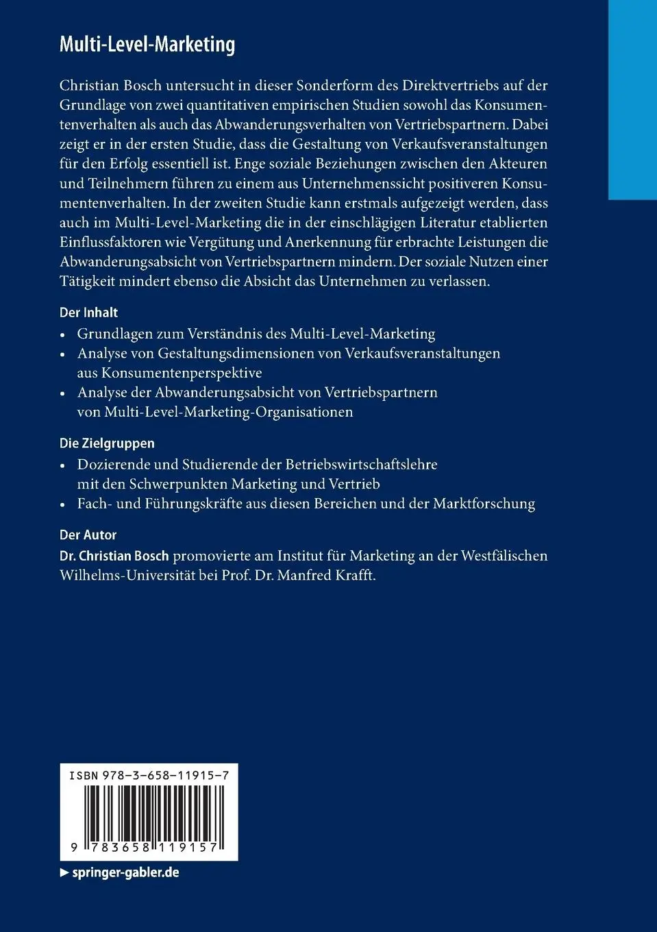 Rückseite: 9783658119157 | Multi-Level-Marketing | Christian Bosch | Taschenbuch | XXII | Deutsch