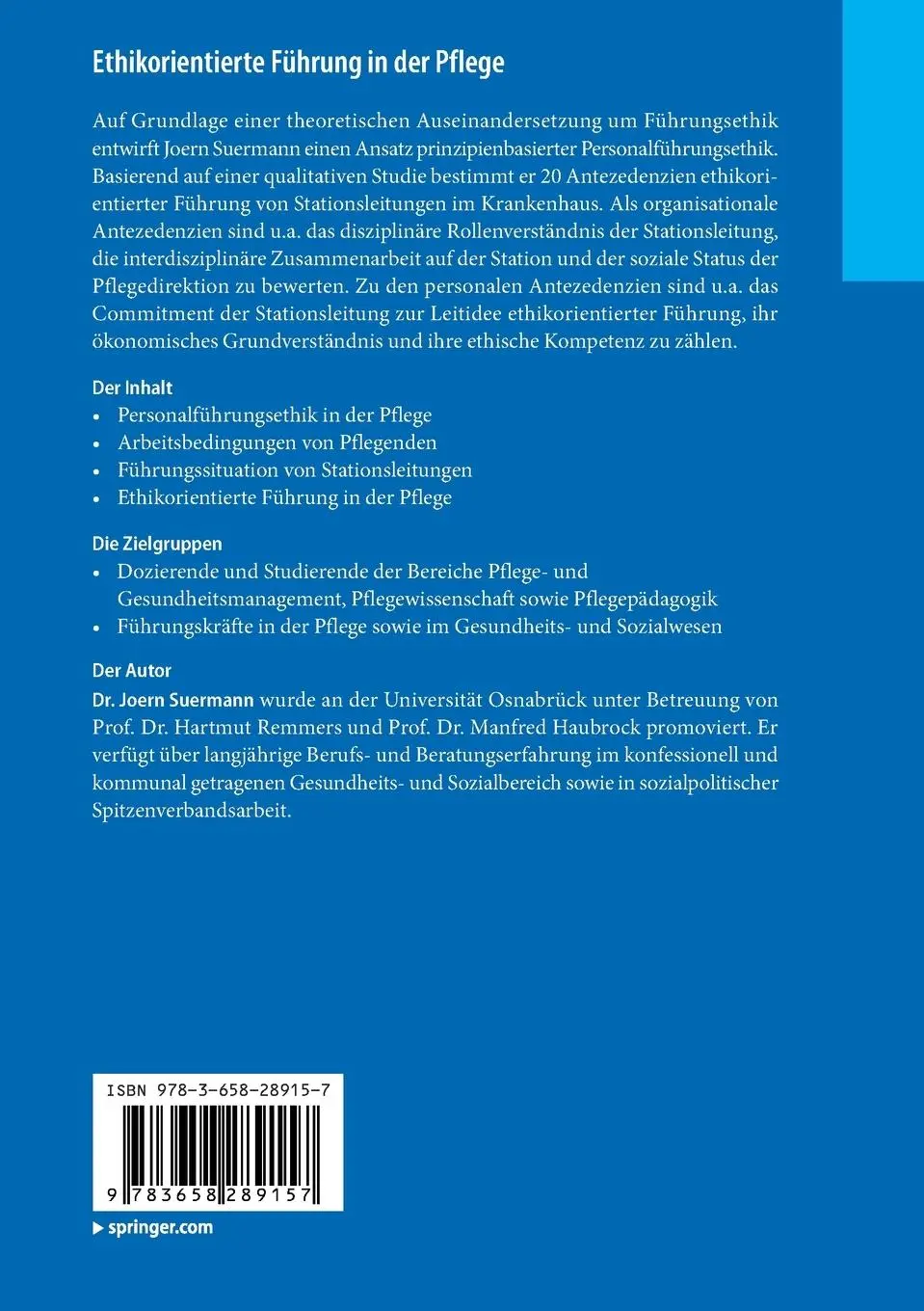 Rückseite: 9783658289157 | Ethikorientierte Führung in der Pflege | Joern Suermann | Taschenbuch