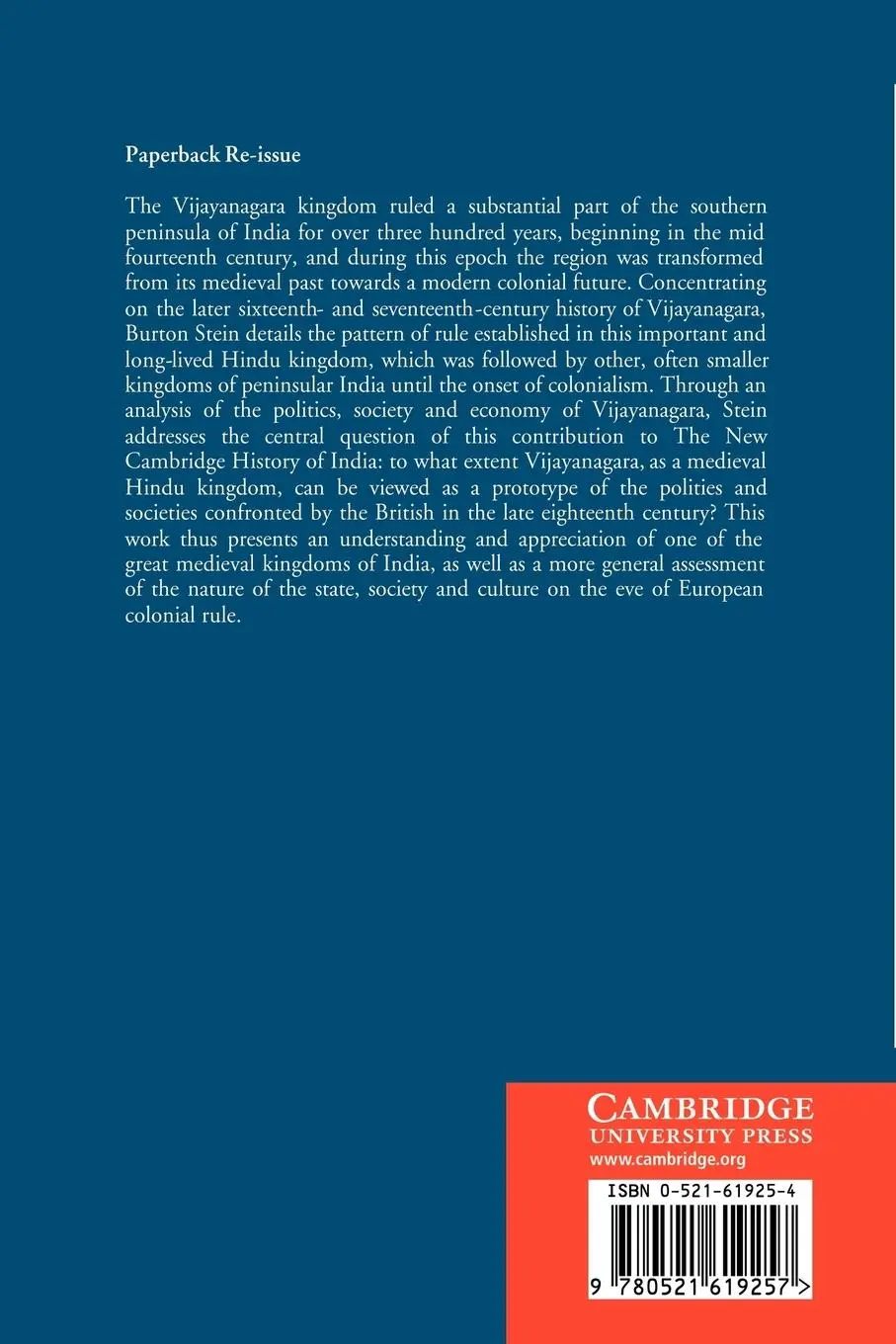 Rückseite: 9780521619257 | The New Cambridge History of India | Vijayanagara | Stein (u. a.)