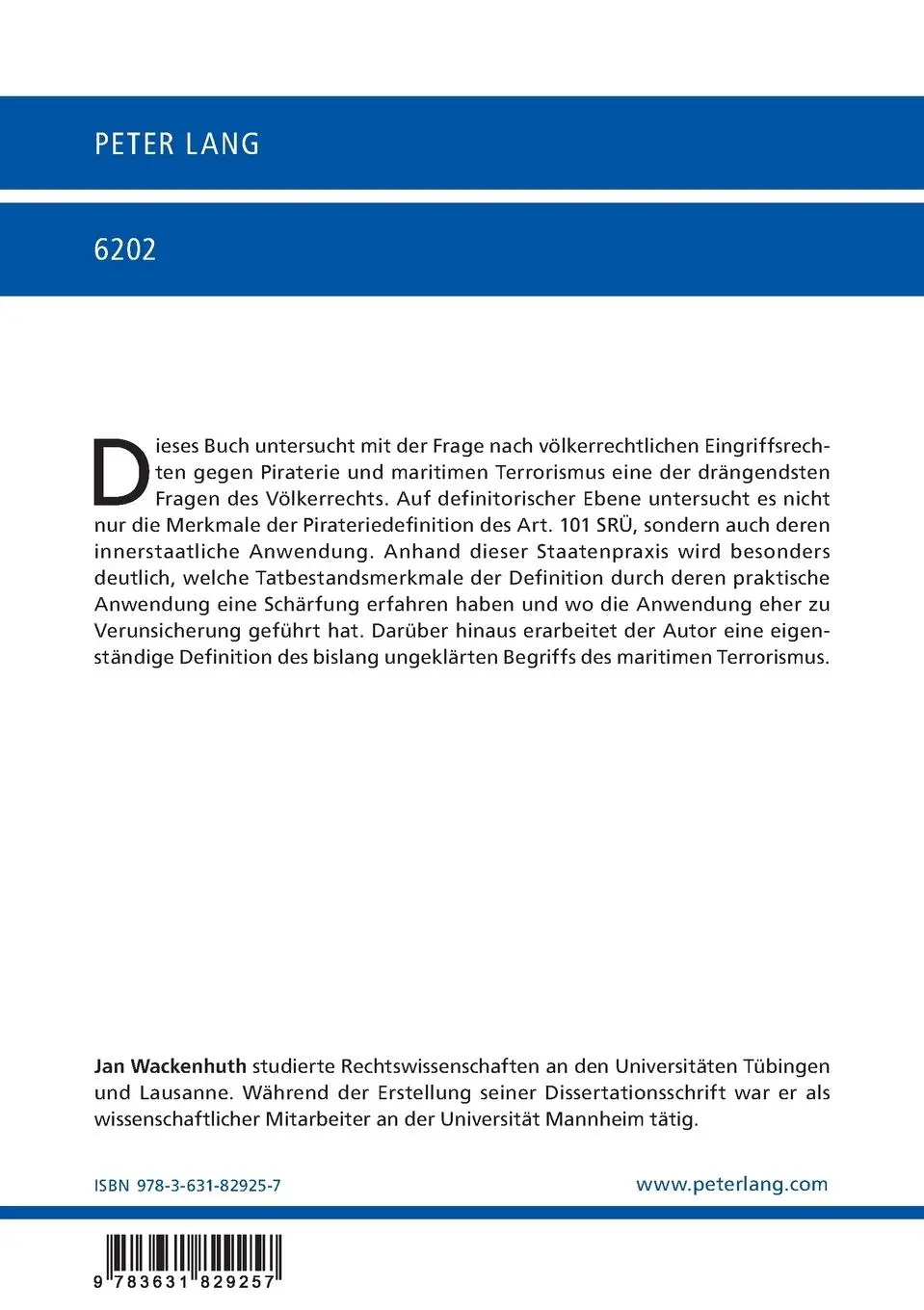 Rückseite: 9783631829257 | Die Bekämpfung von Piraterie und maritimem Terrorismus | Wackenhuth