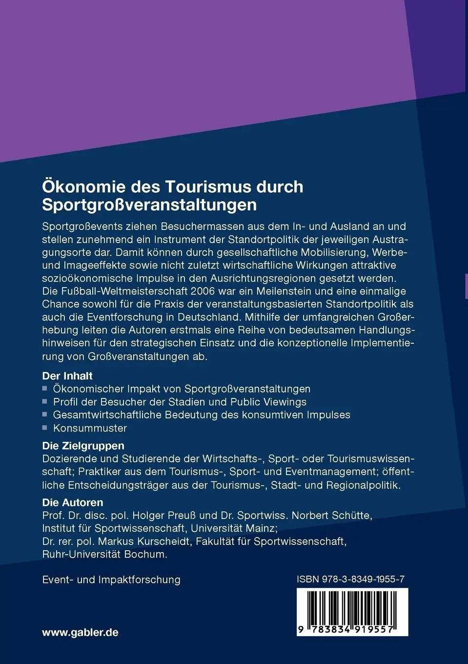 Rückseite: 9783834919557 | Ökonomie des Tourismus durch Sportgroßveranstaltungen | Preuß (u. a.)