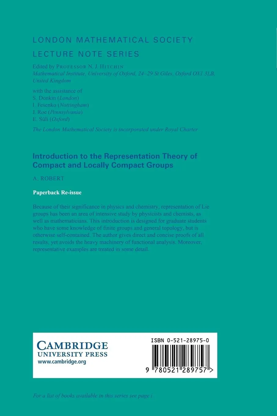 Rückseite: 9780521289757 | Introduction to the Representation Theory of Compact and Locally...