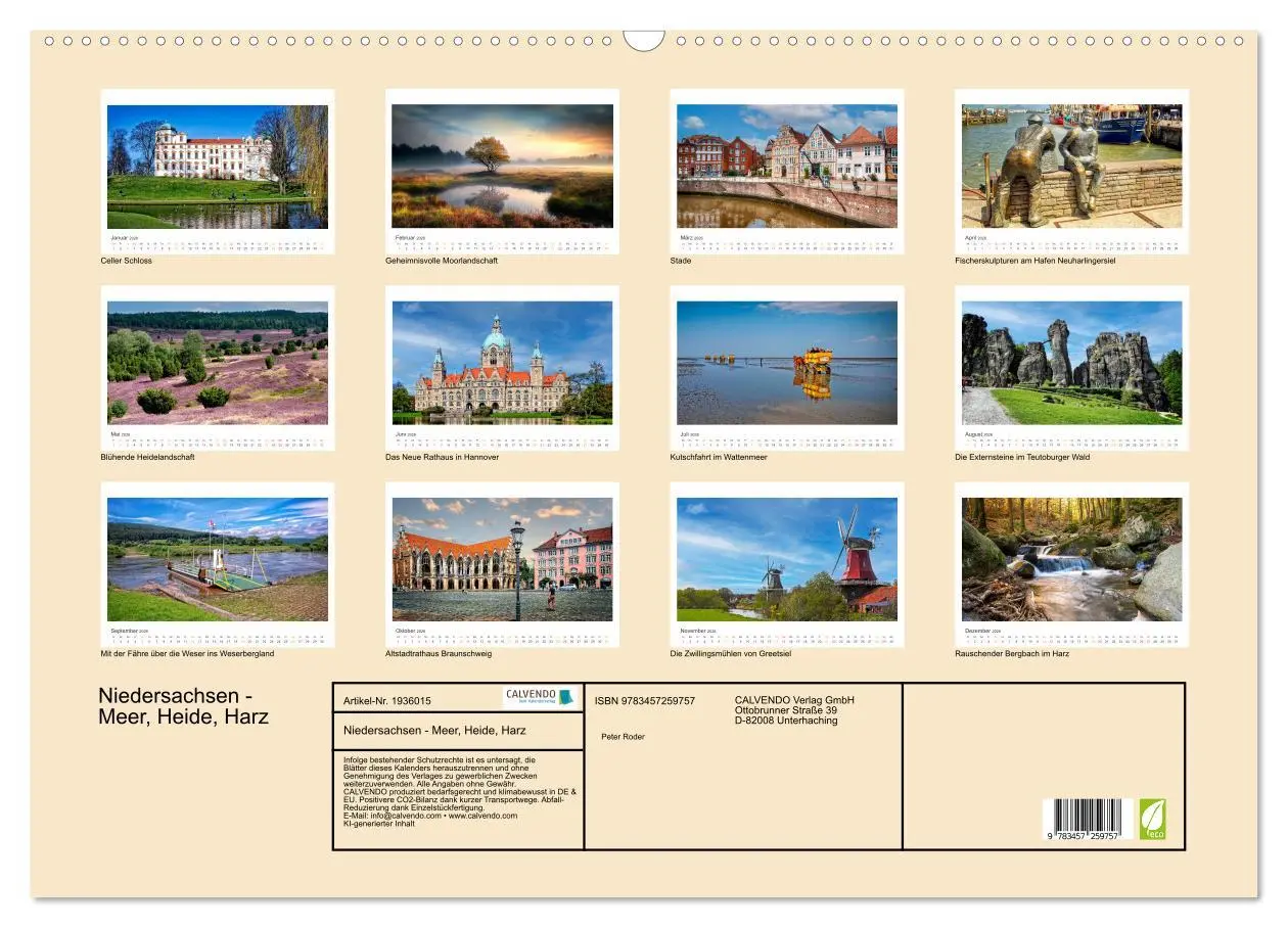 Bild: 9783457259757 | Niedersachsen - Meer, Heide, Harz (Wandkalender 2026 DIN A2 quer),...