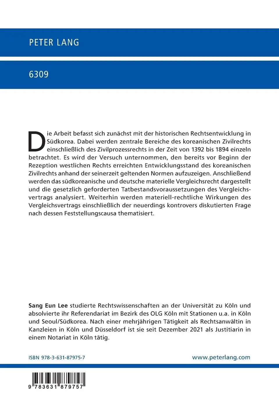 Rückseite: 9783631879757 | Der Vergleichsvertrag in Südkorea und in Deutschland | Lee Sang Eun