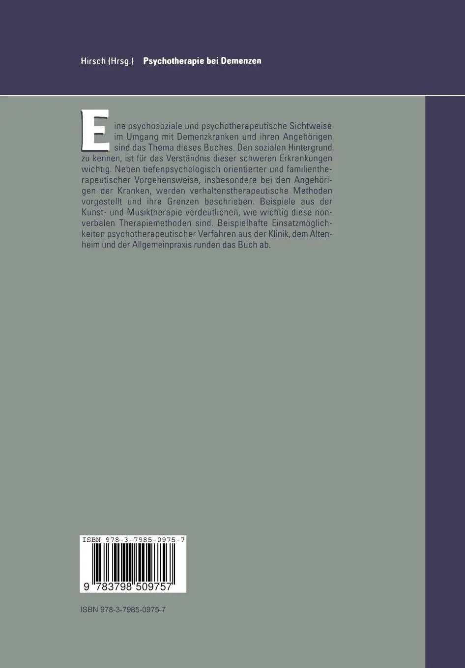 Rückseite: 9783798509757 | Psychotherapie bei Demenzen | Rolf Hirsch | Taschenbuch | xii | 1994