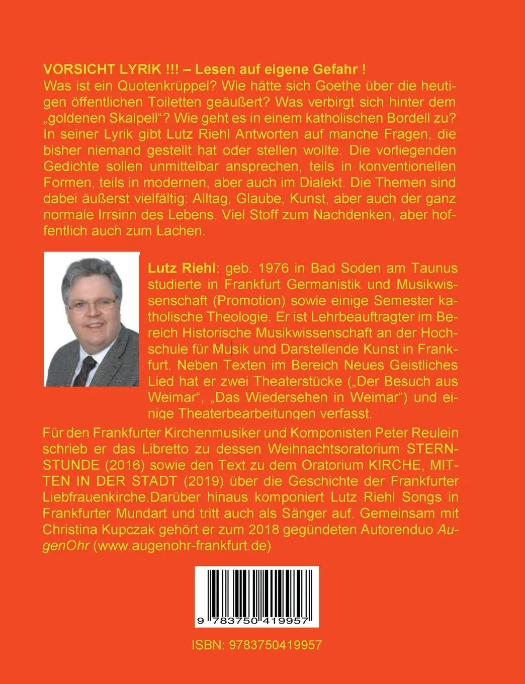 Rückseite: 9783750419957 | Vorsicht Lyrik!!! - Lesen auf eigene Gefahr! | Lutz Riehl | Buch