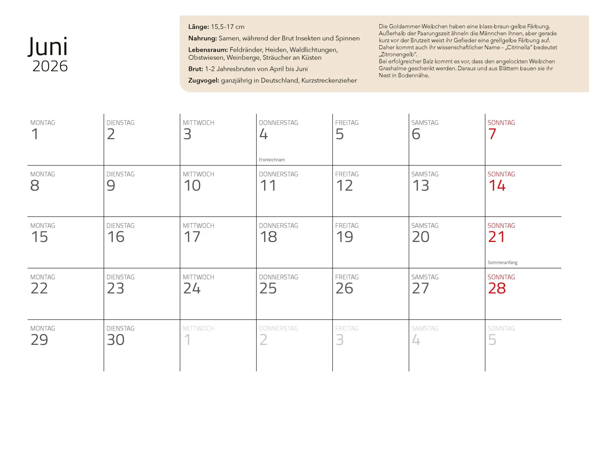 Bild: 9783966649957 | Kalender Unsere Gartenvögel 2026 Eintragkalender | Kalender | 14 S.