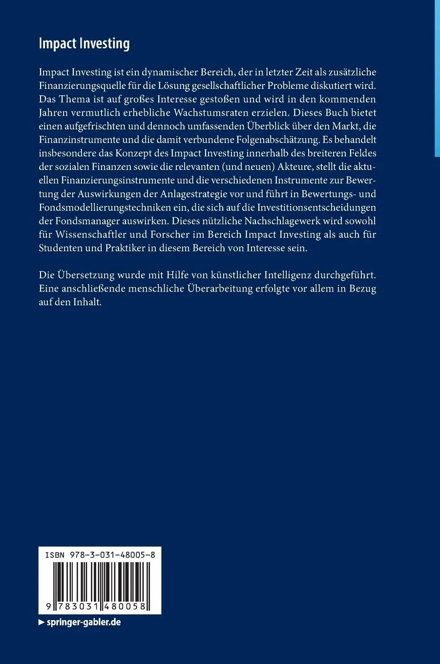 Rückseite: 9783031480058 | Impact Investing | Instrumente, Mechanismen und Akteure | Buch | x