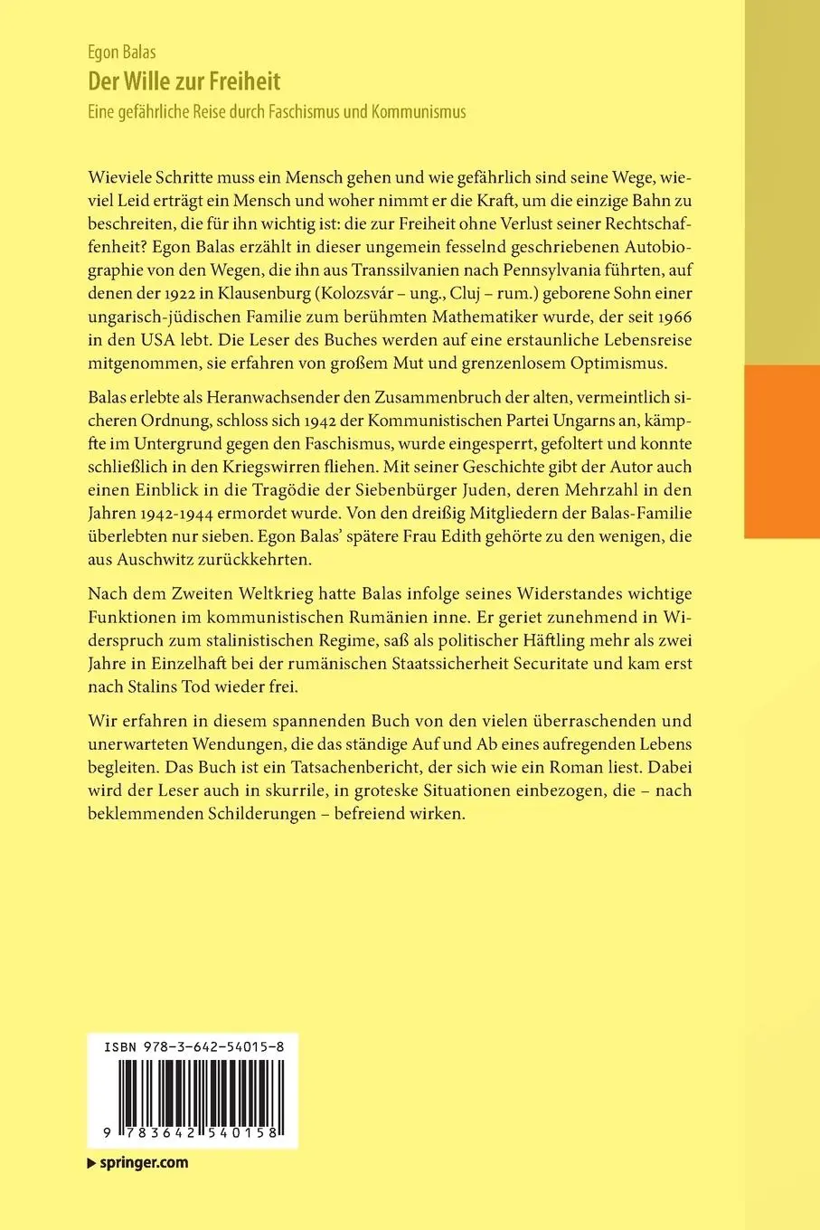 Rückseite: 9783642540158 | Der Wille zur Freiheit | Egon Balas | Taschenbuch | xix | Deutsch