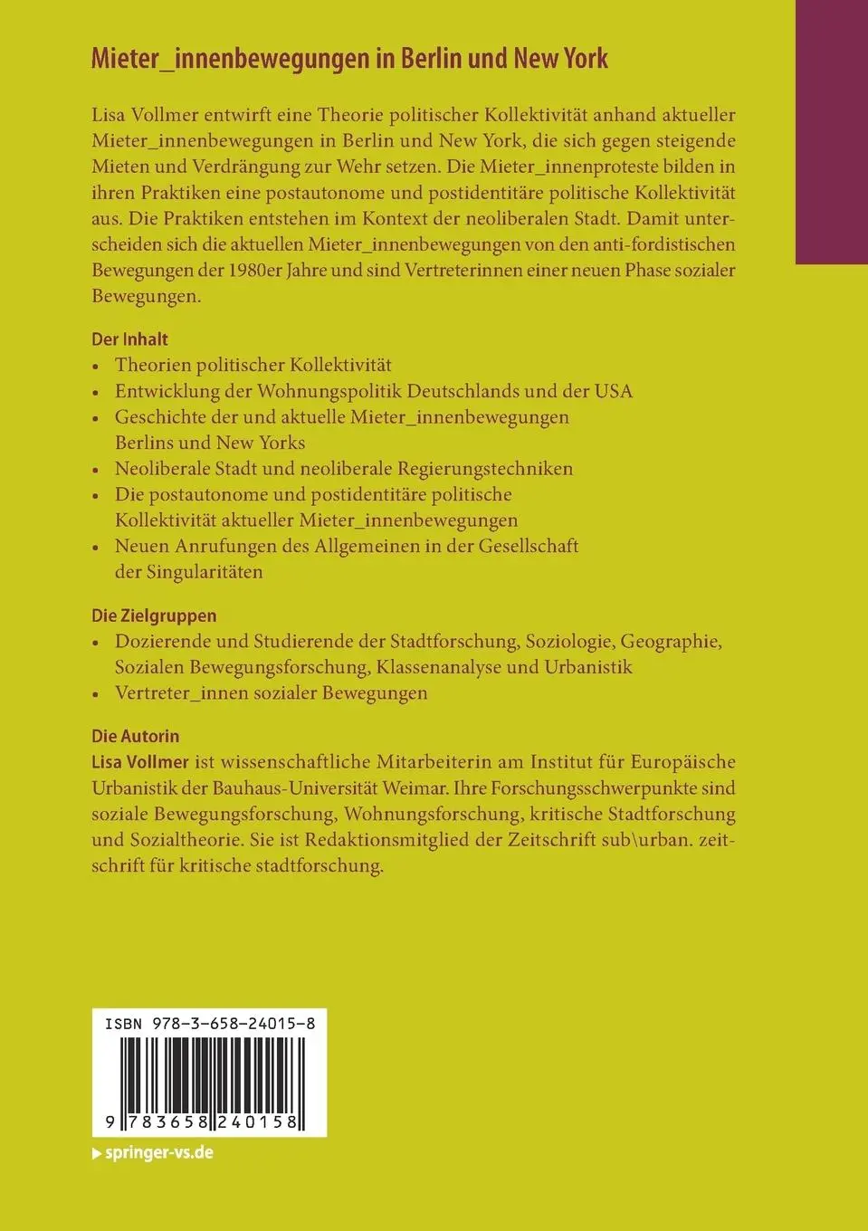 Rückseite: 9783658240158 | Mieter_innenbewegungen in Berlin und New York | Lisa Vollmer | Buch