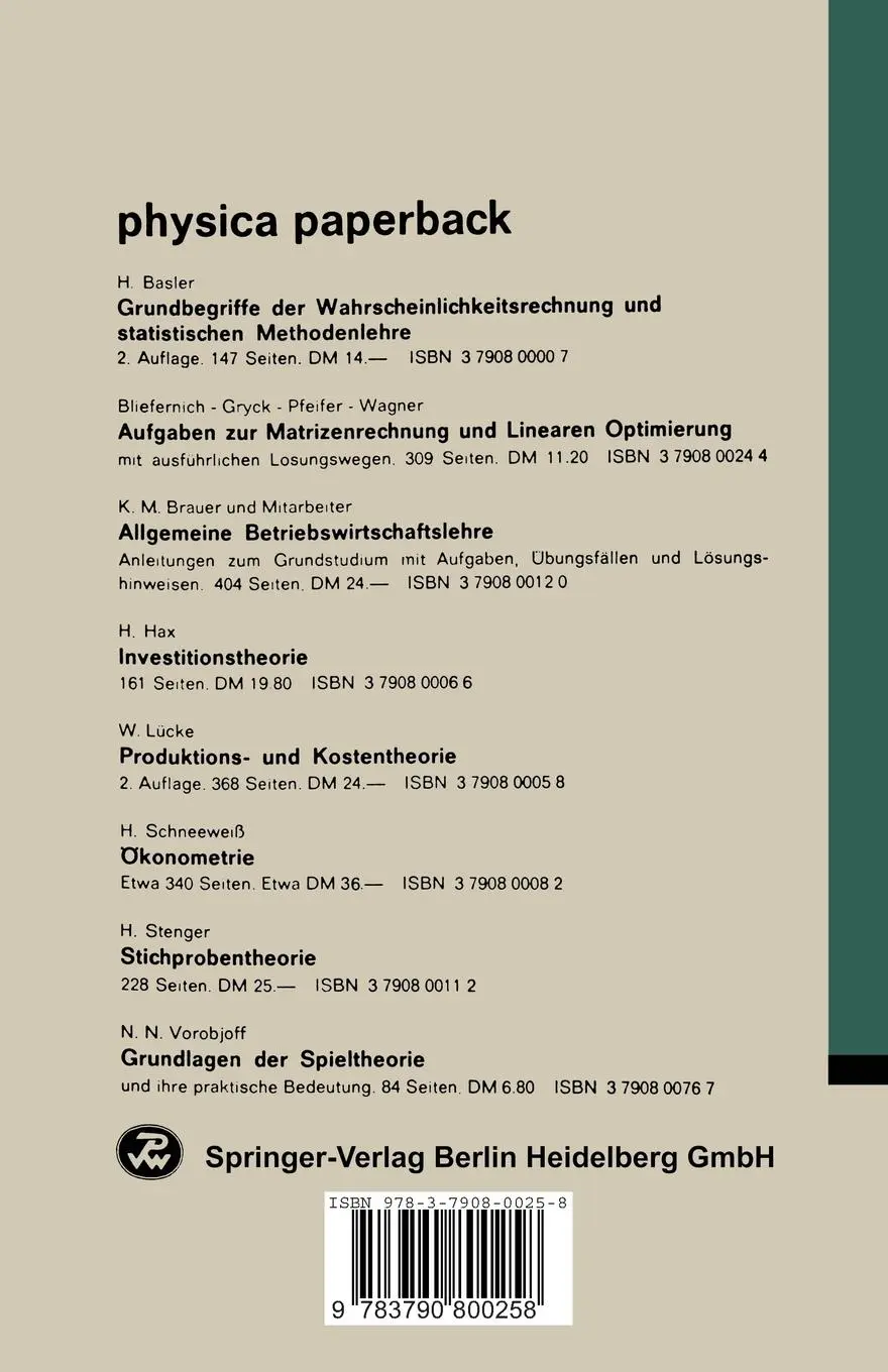 Rückseite: 9783790800258 | Methoden und Probleme der Unternehmensforschung | Operations Research