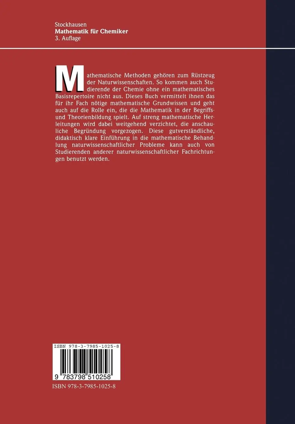 Rückseite: 9783798510258 | Mathematik für Chemiker | Manfred Stockhausen | Taschenbuch | x | 1995