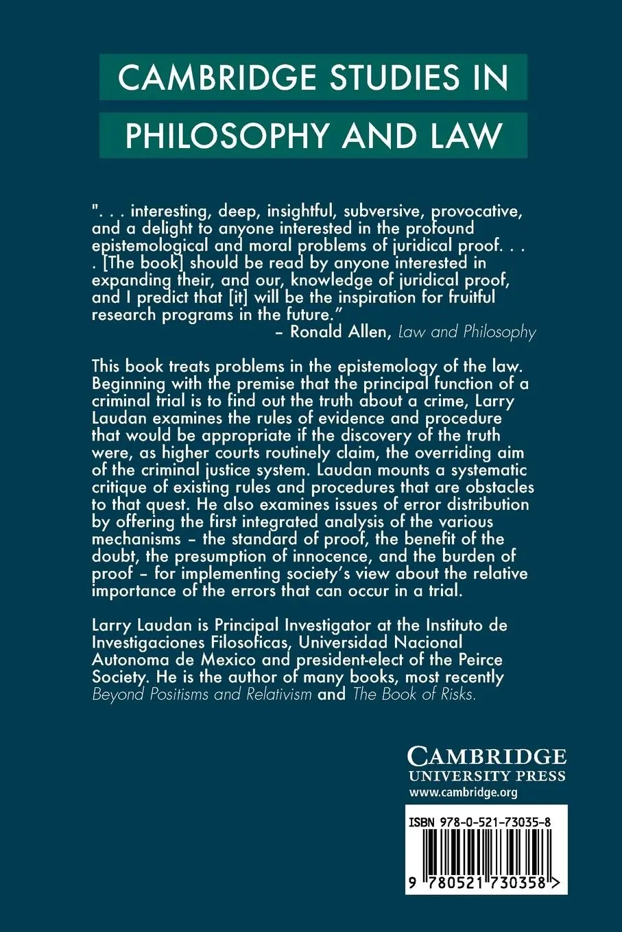 Rückseite: 9780521730358 | Truth, Error, and Criminal Law | An Essay in Legal Epistemology | Buch