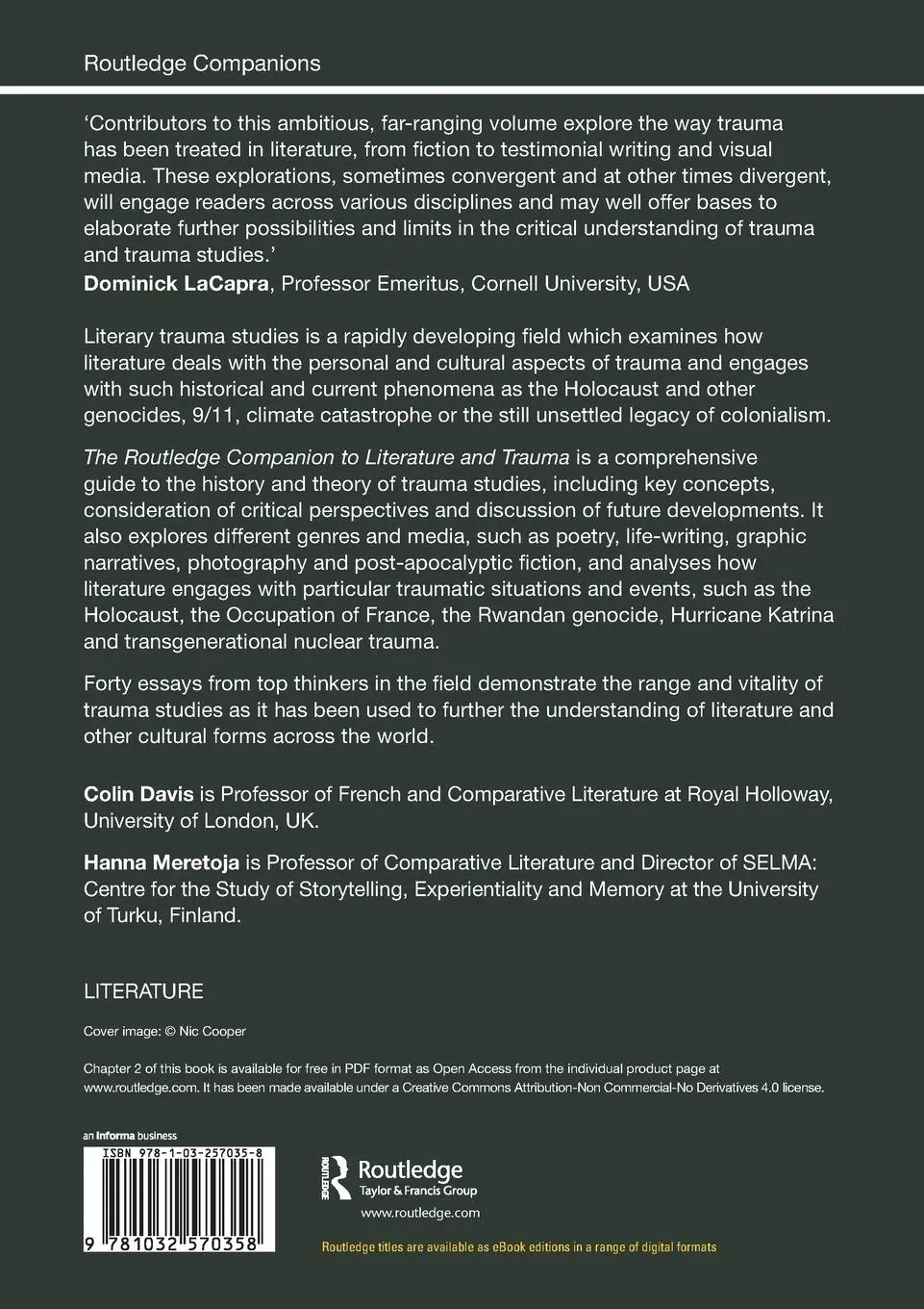 Rückseite: 9781032570358 | The Routledge Companion to Literature and Trauma | Colin Davis (u. a.)