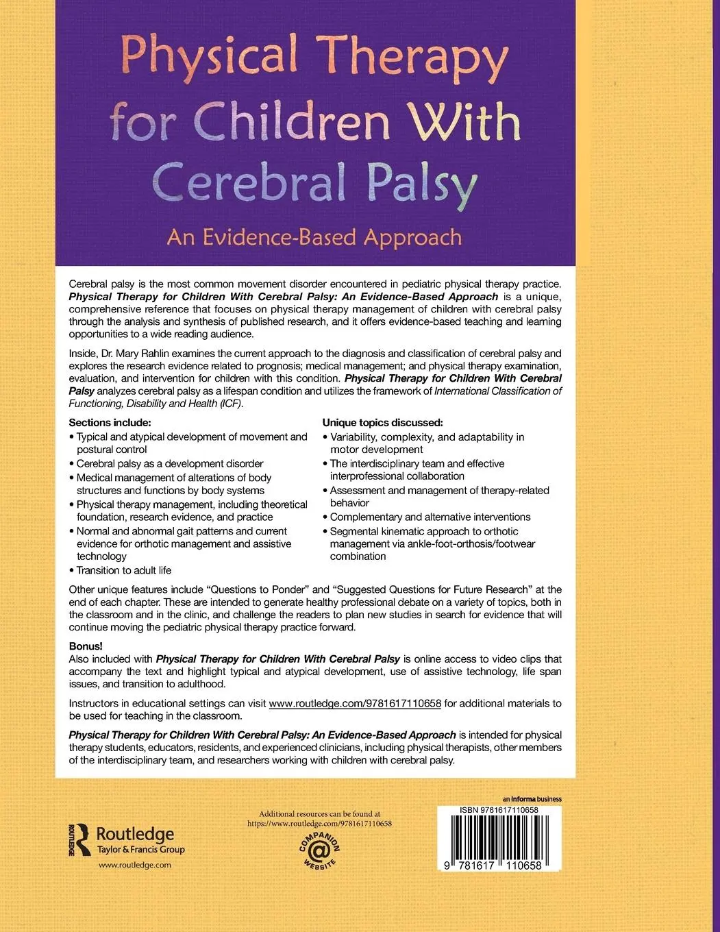 Rückseite: 9781617110658 | Physical Therapy for Children With Cerebral Palsy | Mary Rahlin | Buch