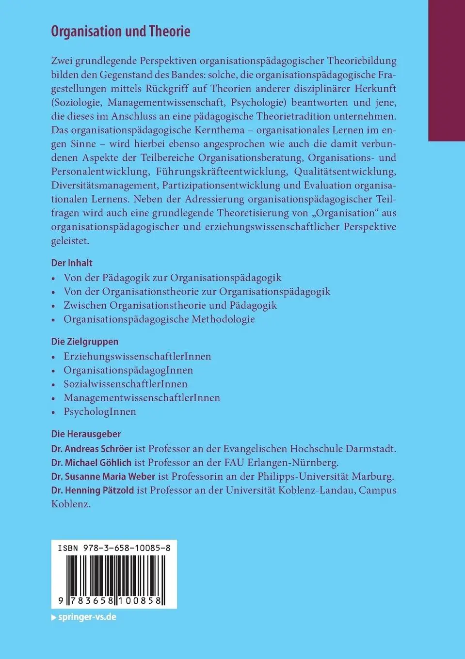 Rückseite: 9783658100858 | Organisation und Theorie | Andreas Schröer (u. a.) | Taschenbuch