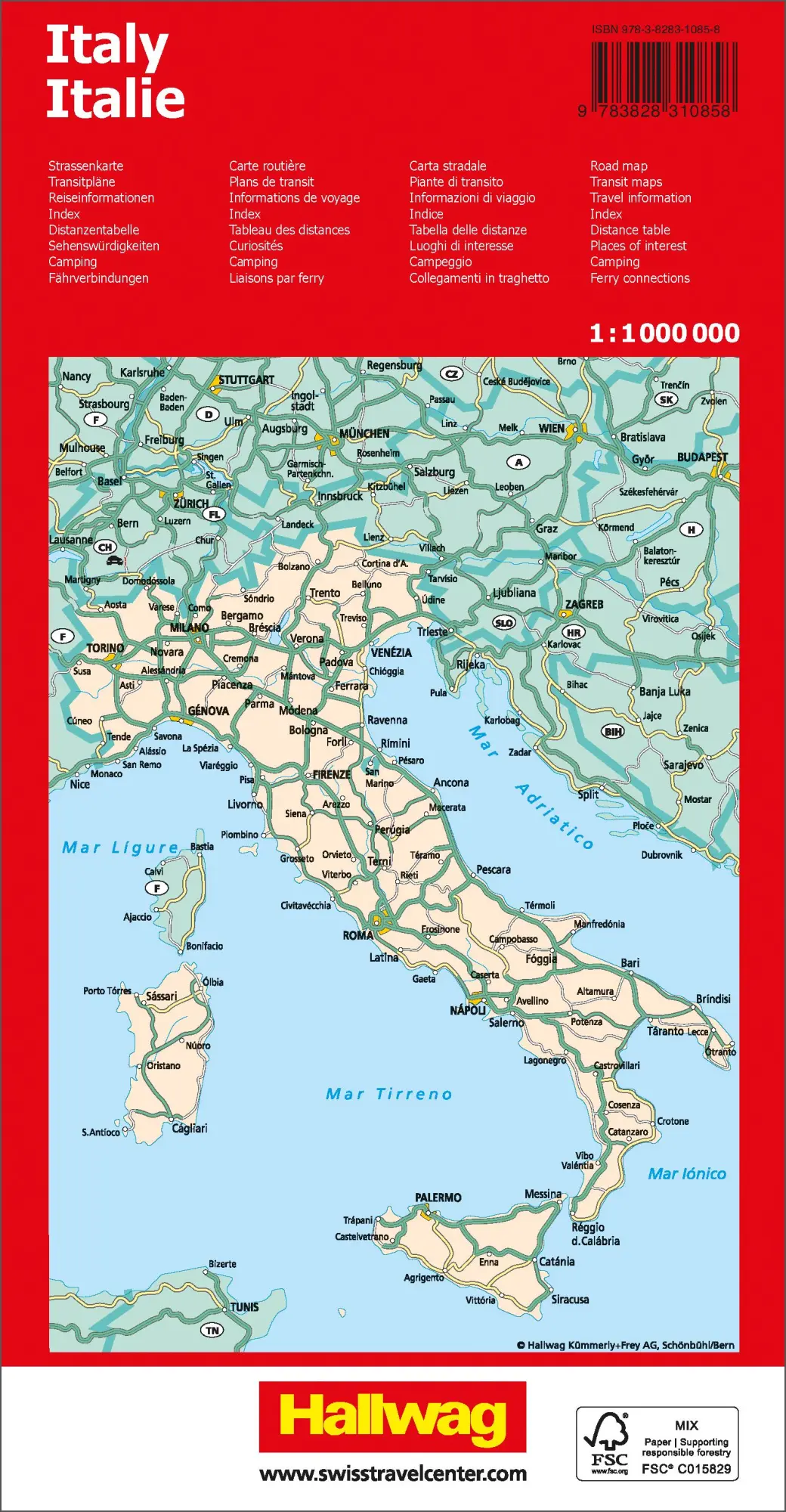Rückseite: 9783828310858 | Hallwag Strassenkarte Italien 1:1 Mio. | (Land-)Karte | Deutsch | 2024