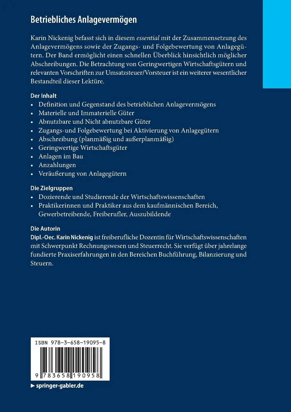 Rückseite: 9783658190958 | Betriebliches Anlagevermögen | Karin Nickenig | Taschenbuch | xi
