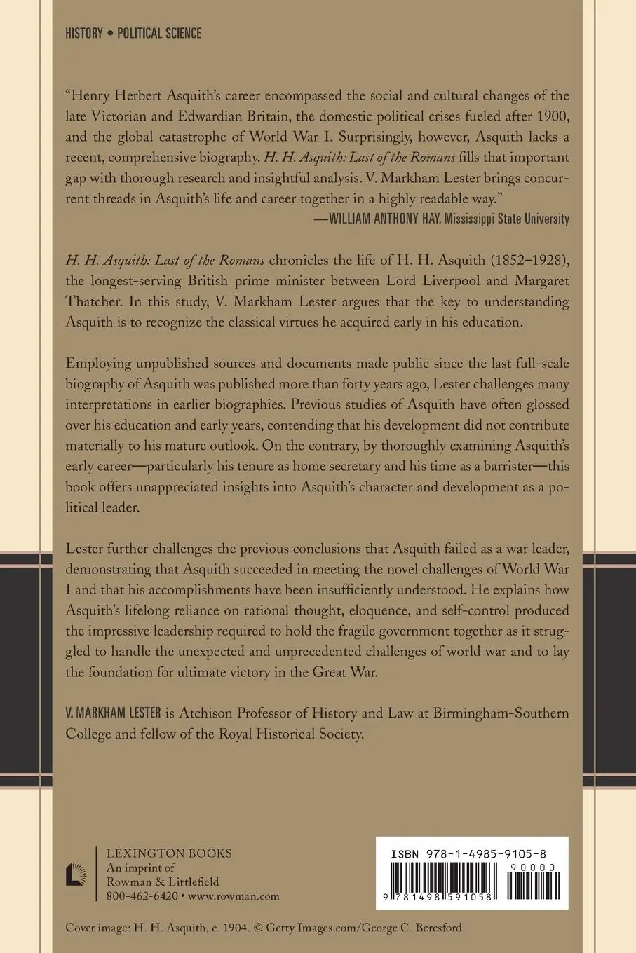 Rückseite: 9781498591058 | H. H. Asquith | Last of the Romans | V. Markham Lester | Taschenbuch
