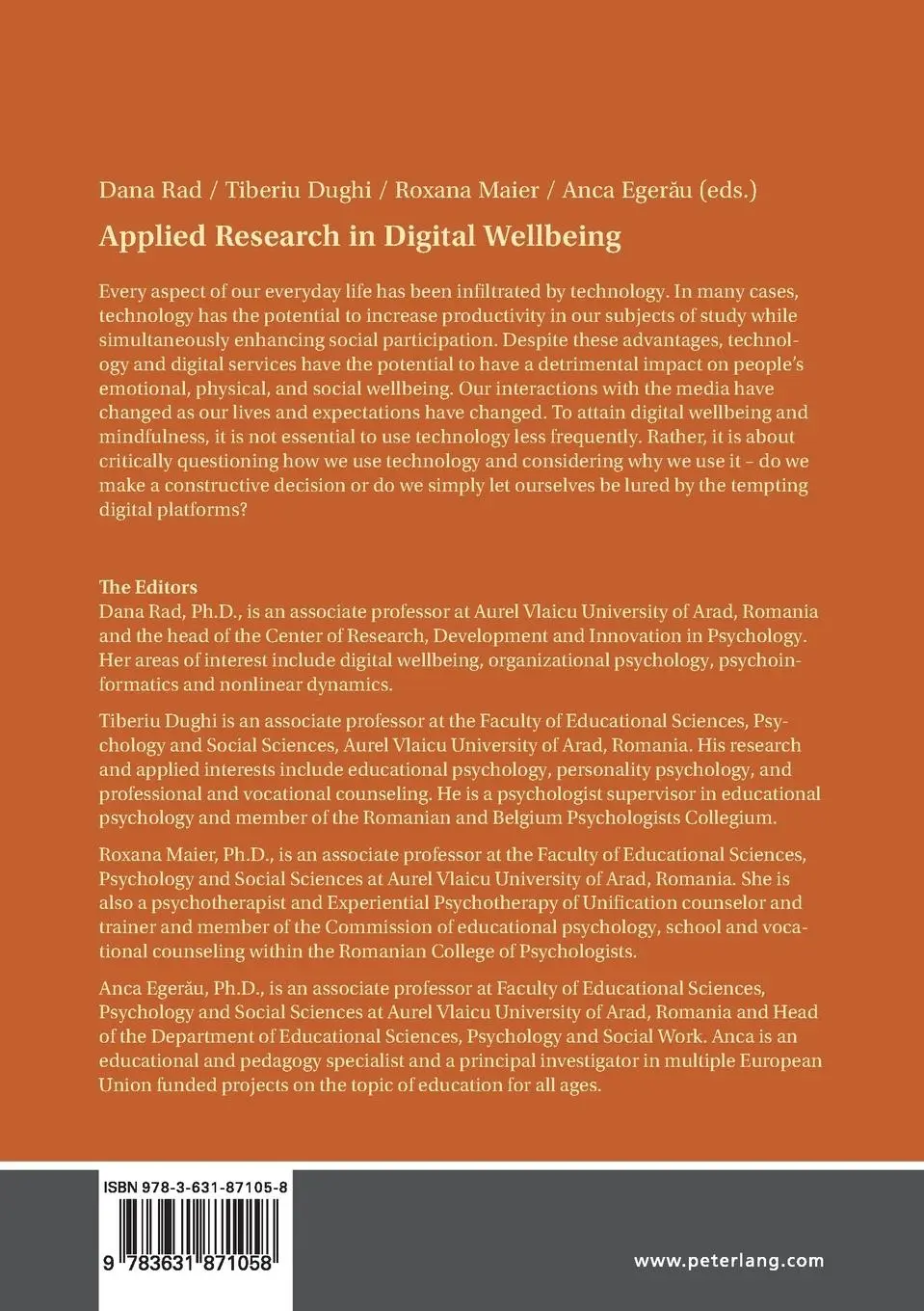 Rückseite: 9783631871058 | Applied Research in Digital Wellbeing | Dana Rad (u. a.) | Taschenbuch