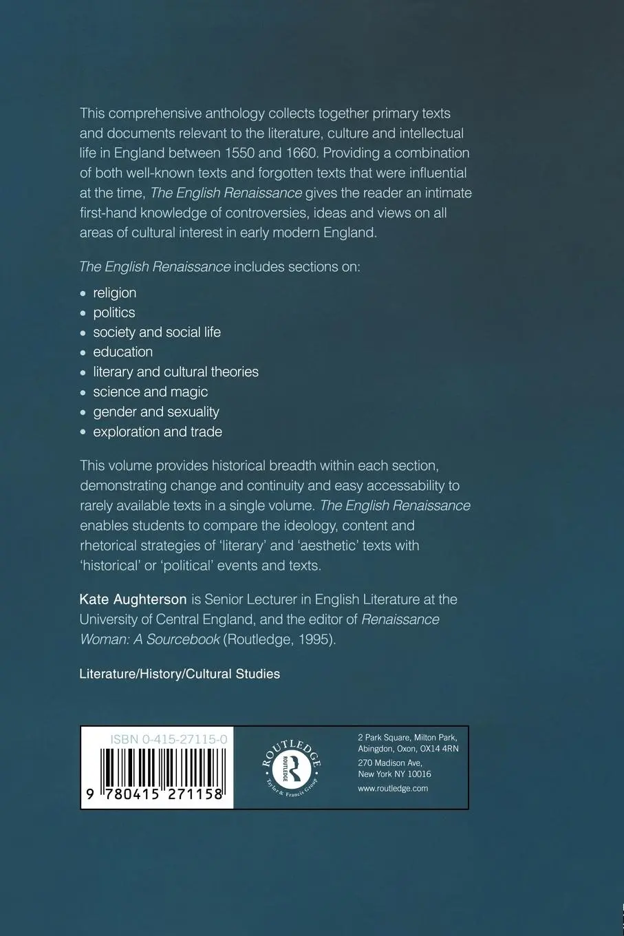 Rückseite: 9780415271158 | The English Renaissance | An Anthology of Sources and Documents | Buch