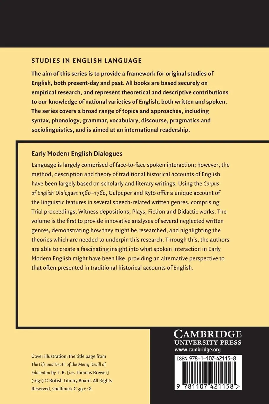 Rückseite: 9781107421158 | Early Modern English Dialogues | Spoken Interaction as Writing | Buch
