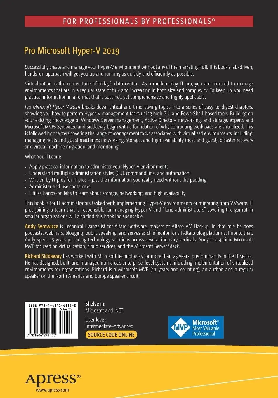 Rückseite: 9781484241158 | Pro Microsoft Hyper-V 2019 | Practical Guidance and Hands-On Labs