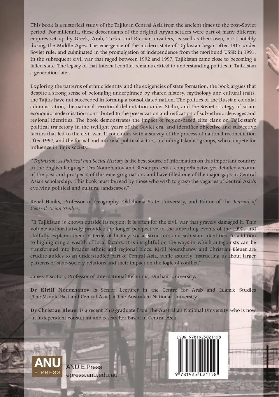 Rückseite: 9781925021158 | Tajikistan | A Political and Social History | Nourzhanov (u. a.)