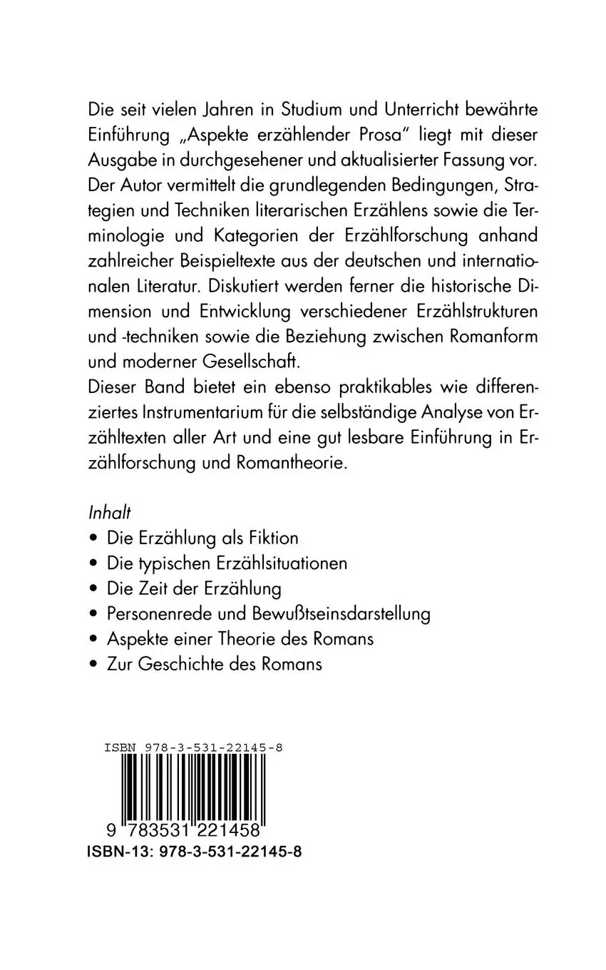 Rückseite: 9783531221458 | Aspekte erzählender Prosa | Jochen Vogt | Taschenbuch | 273 S. | 1998