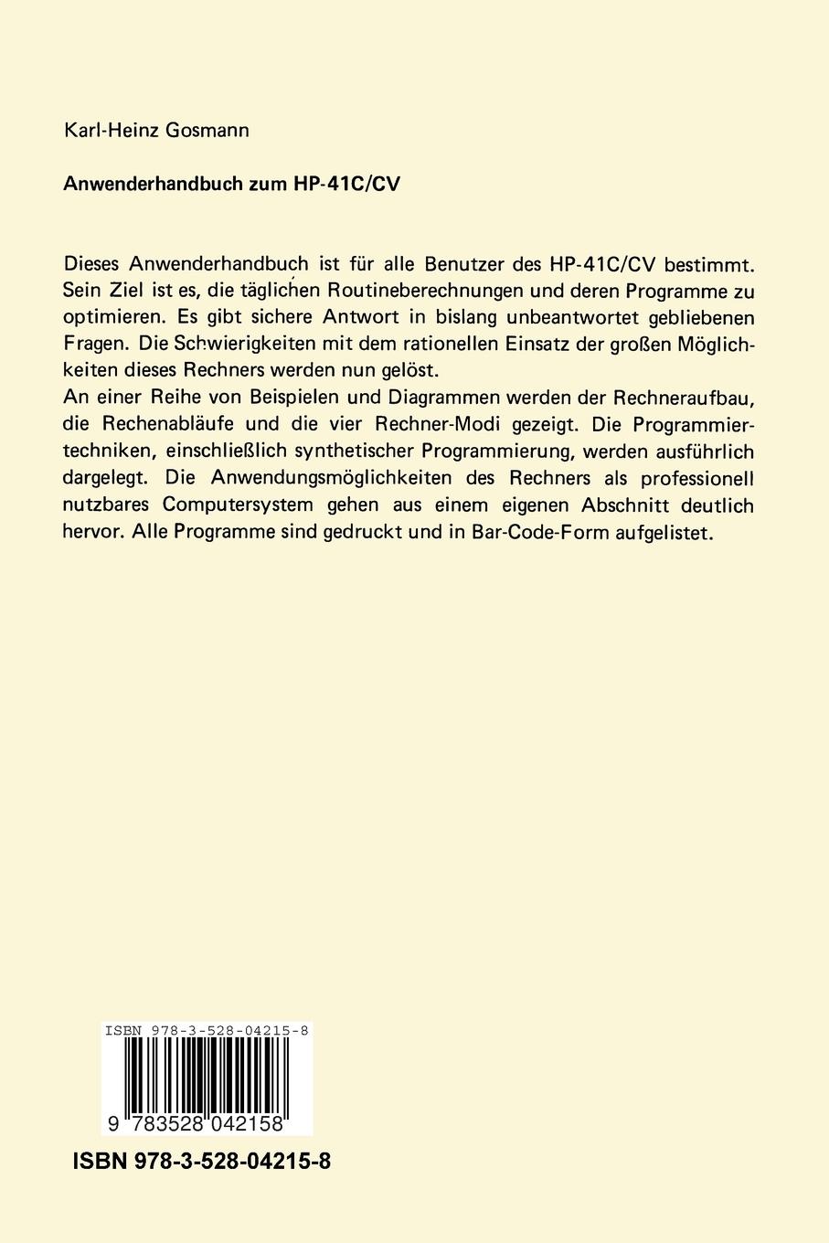 Rückseite: 9783528042158 | Anwenderhandbuch HP-41 C/CV | Karl-Heinz Gosmann | Taschenbuch | viii