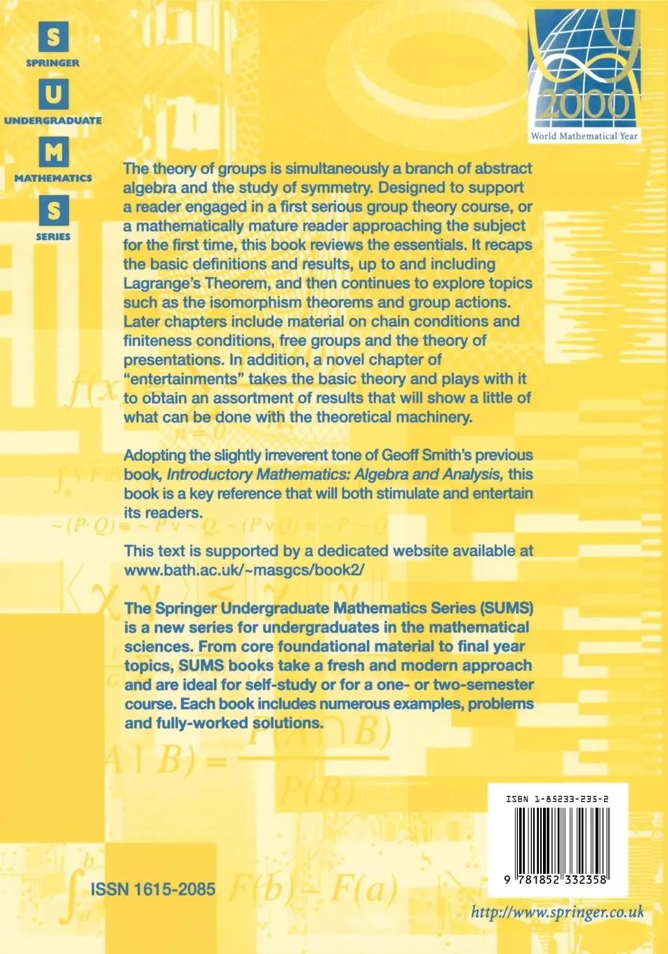 Rückseite: 9781852332358 | Topics in Group Theory | Olga Tabachnikova (u. a.) | Taschenbuch | xvi