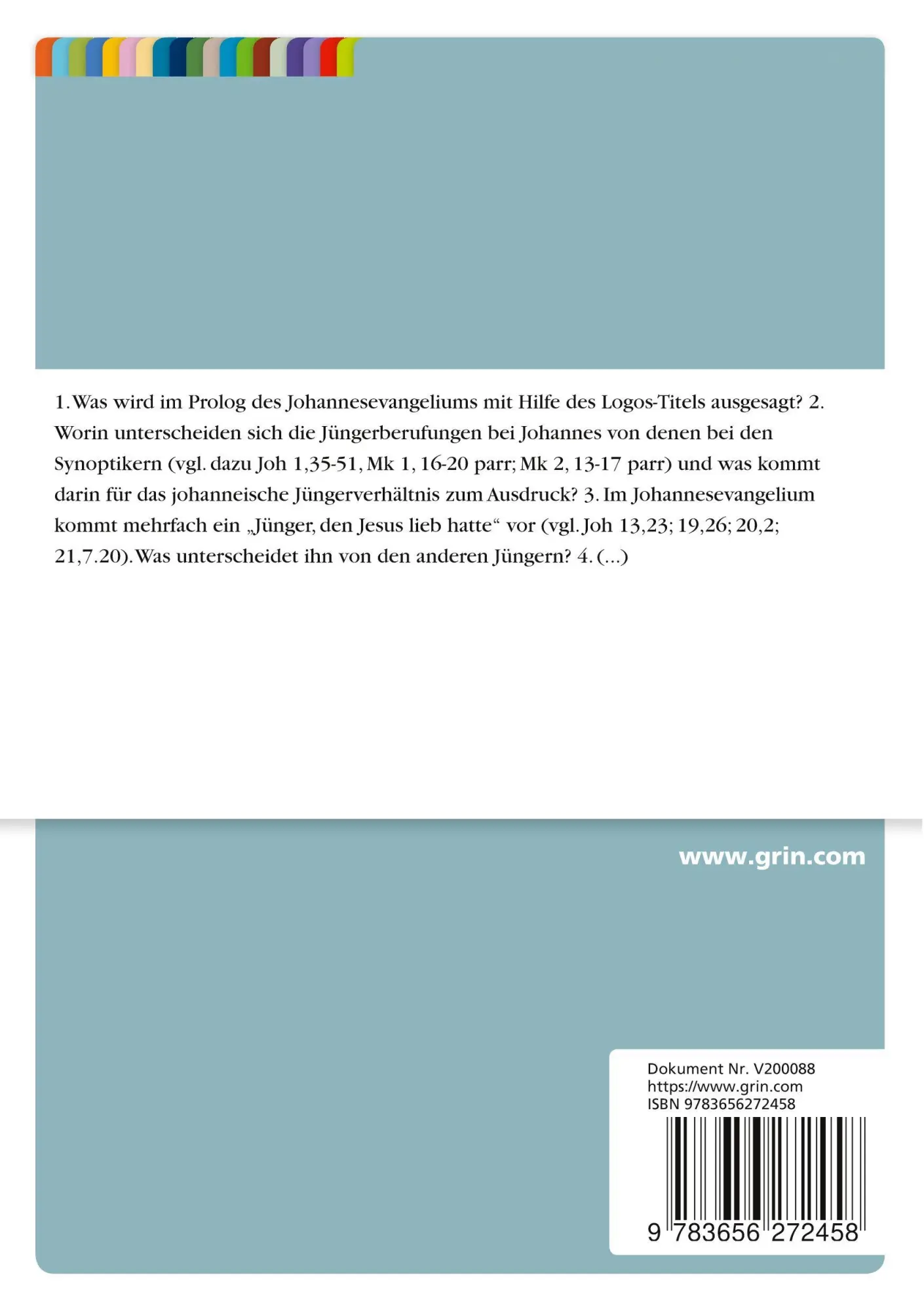 Rückseite: 9783656272458 | Arbeitsfragen zum Johannesevangelium | Rex-Oliver Funke | Taschenbuch