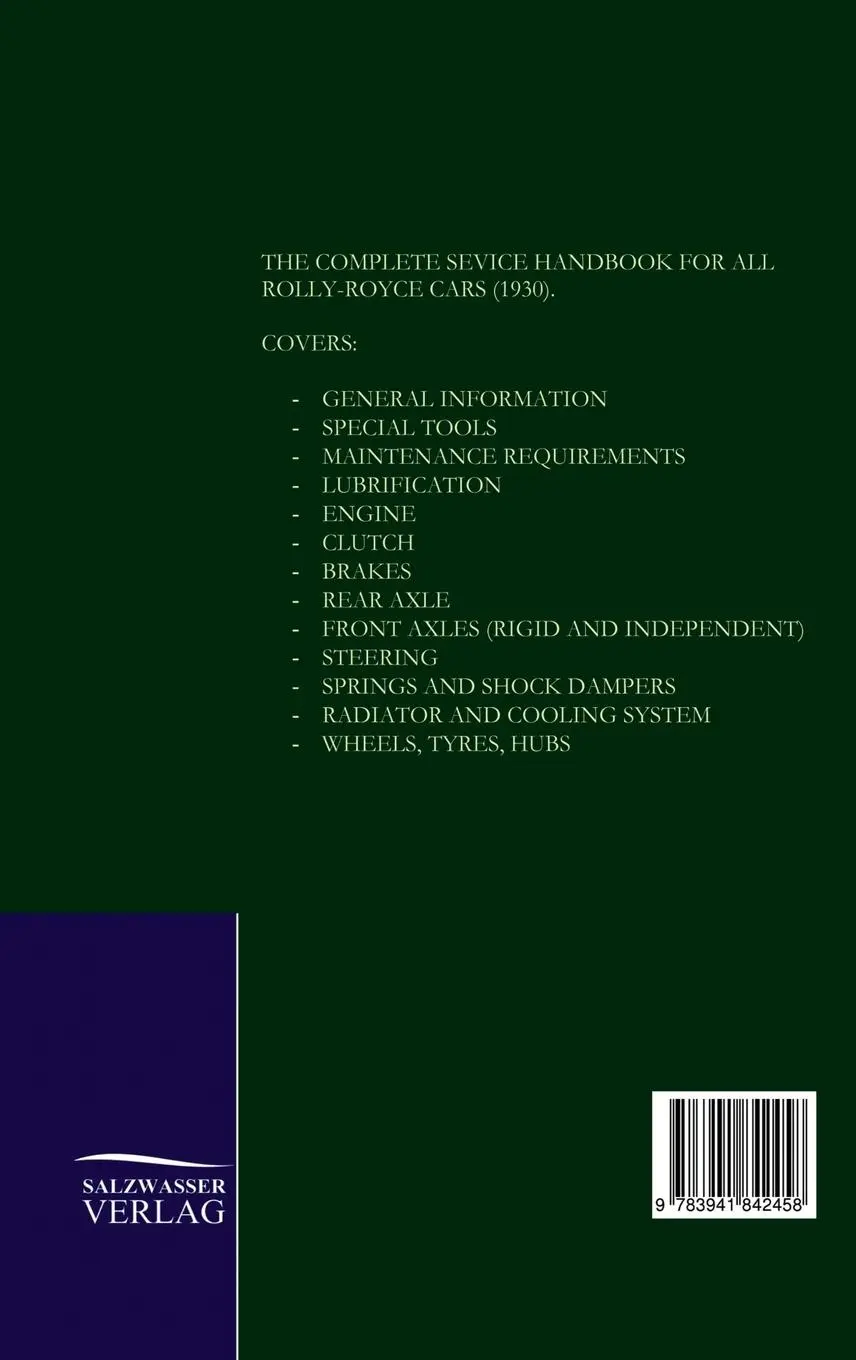 Rückseite: 9783941842458 | Service Instructions for Rolls-Royce Cars (1930) | Rolls Royce | Buch
