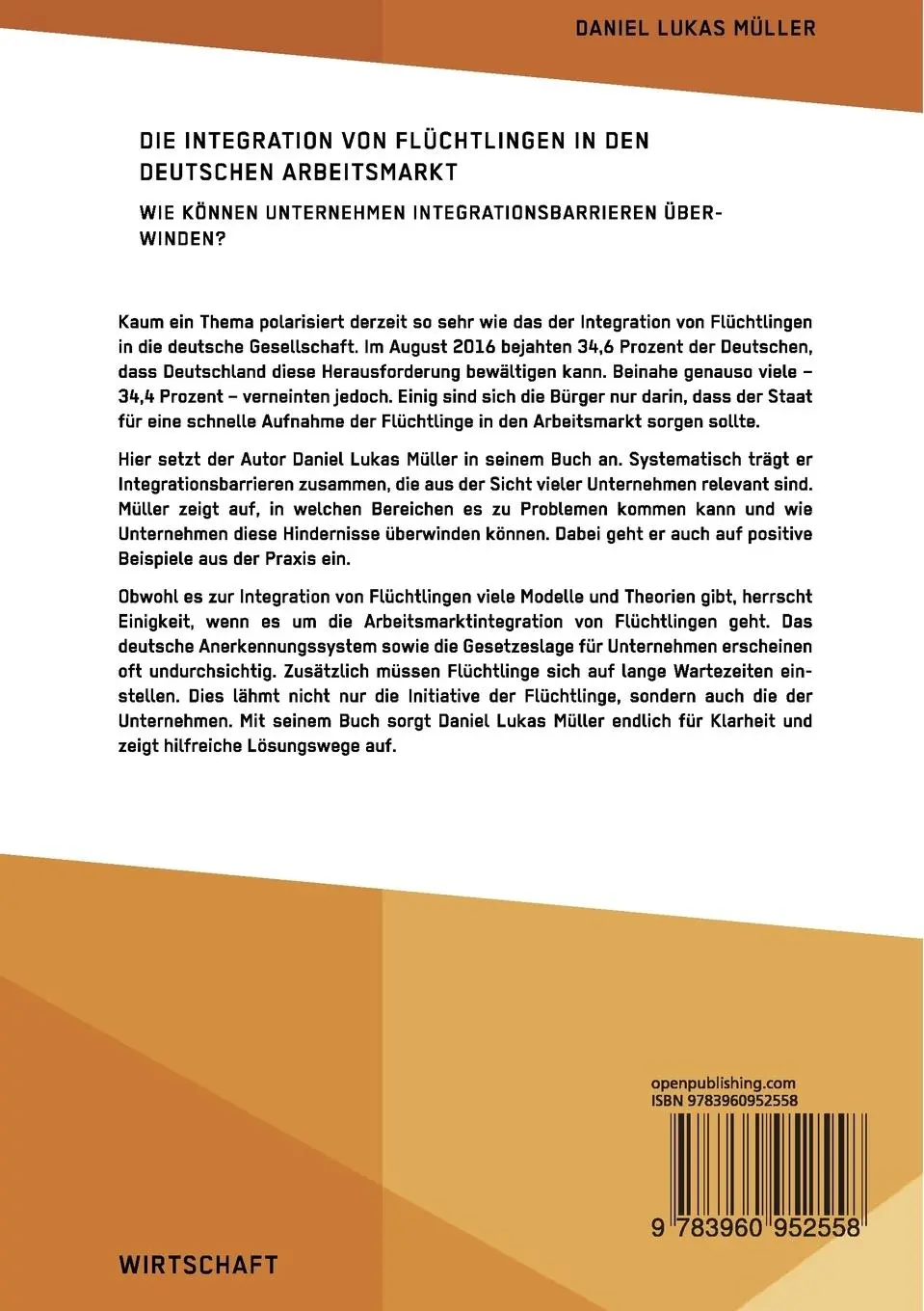 Rückseite: 9783960952558 | Die Integration von Flüchtlingen in den deutschen Arbeitsmarkt. Wie...