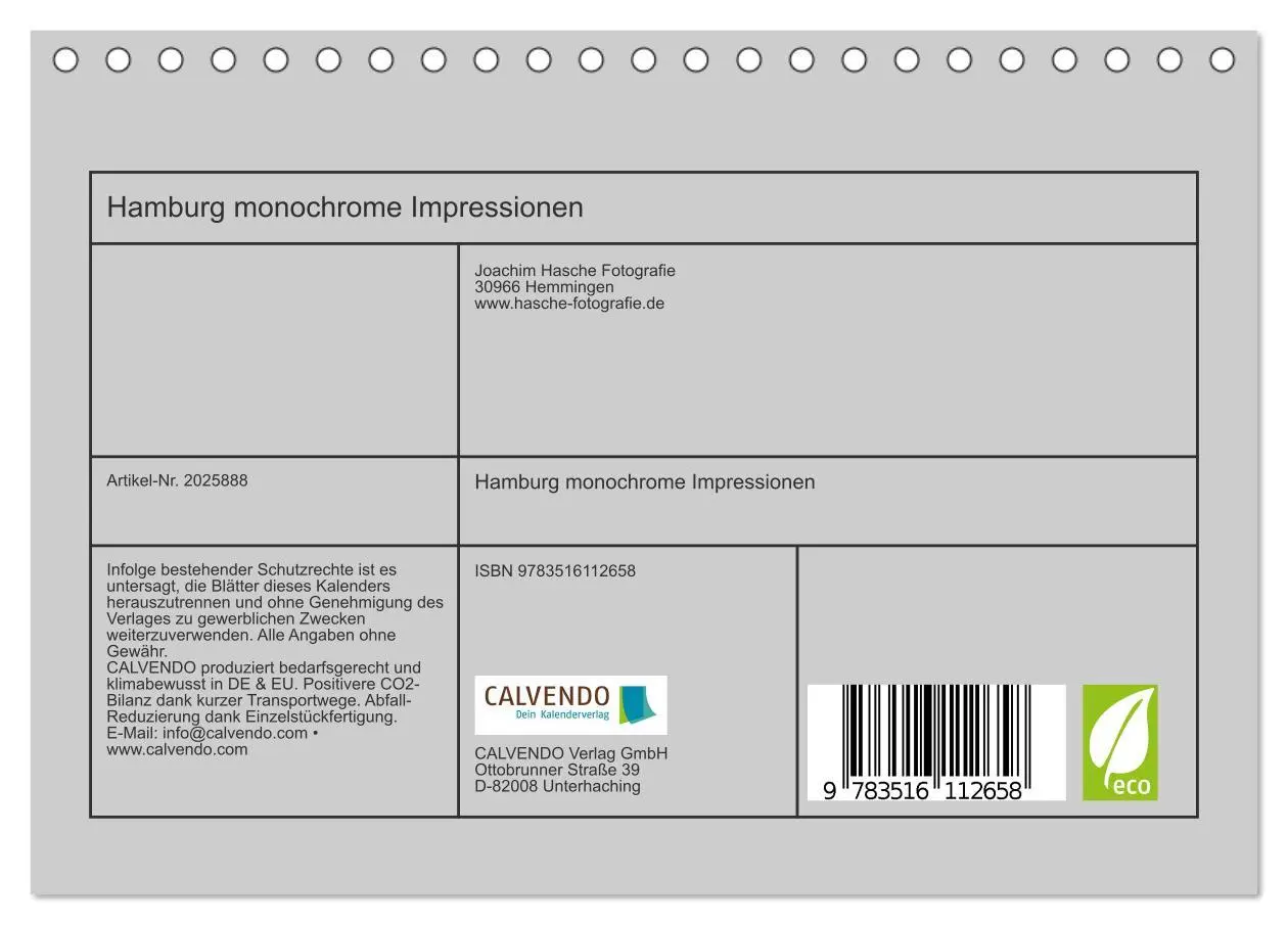 Bild: 9783516112658 | Hamburg monochrome Impressionen (Tischkalender 2026 DIN A5 quer),...