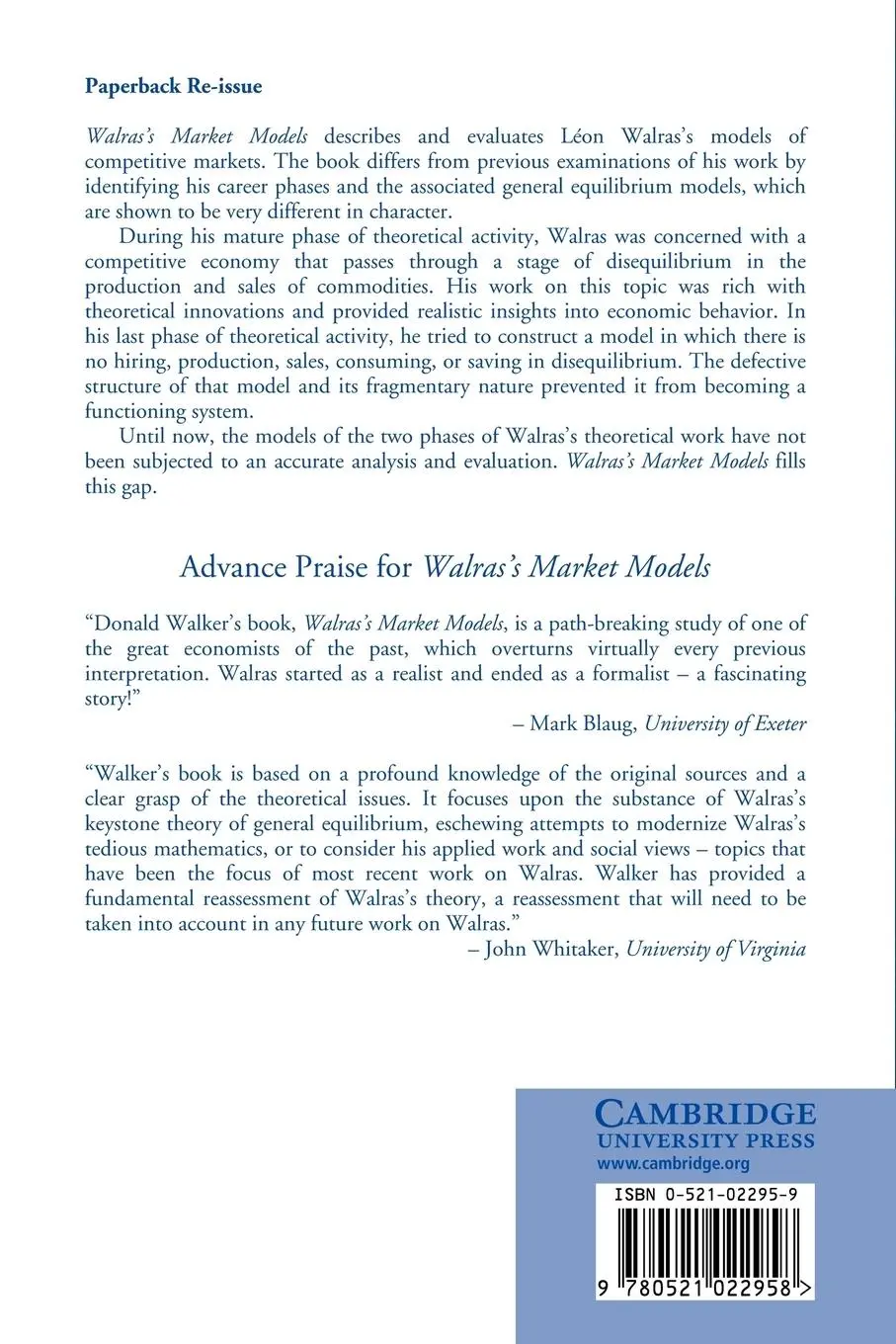 Rückseite: 9780521022958 | Walras's Market Models | Donald A. Walker | Taschenbuch | Englisch