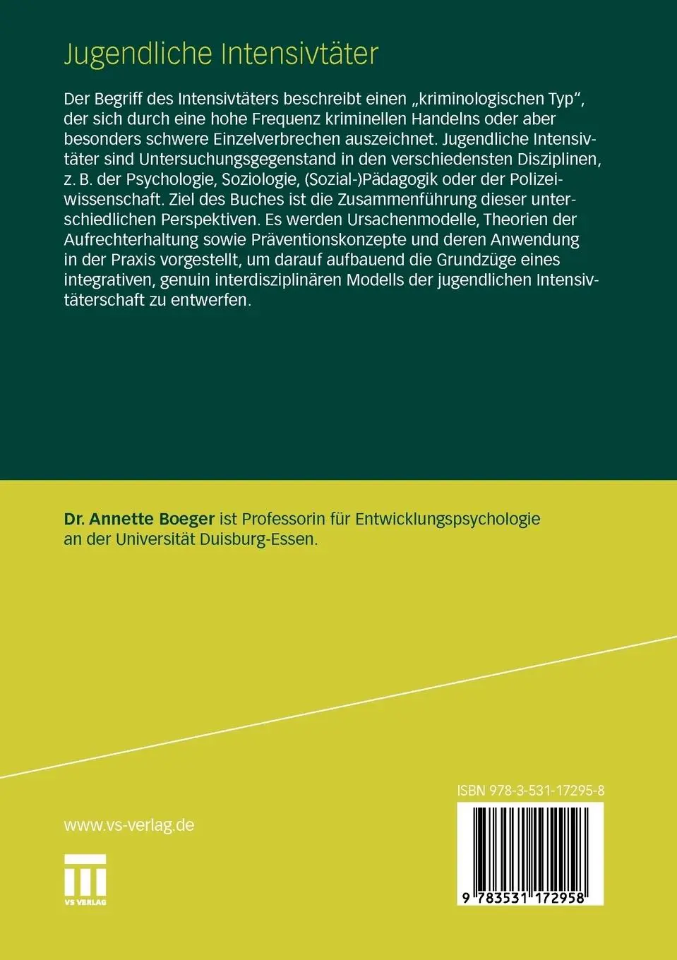 Rückseite: 9783531172958 | Jugendliche Intensivtäter | Interdisziplinäre Perspektiven | Boeger