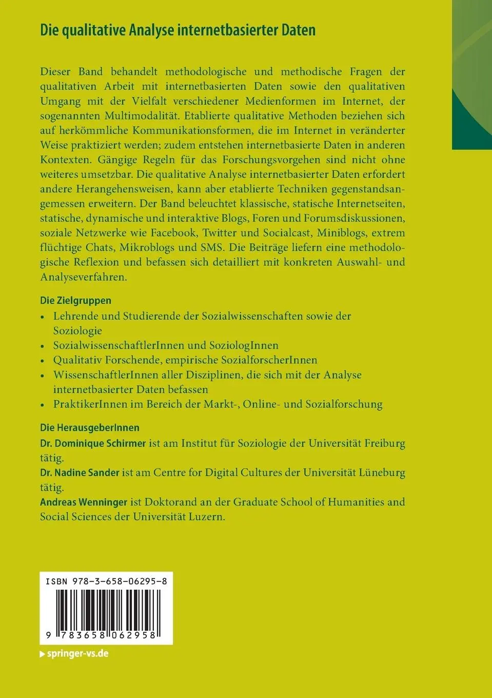 Rückseite: 9783658062958 | Die qualitative Analyse internetbasierter Daten | Schirmer (u. a.)