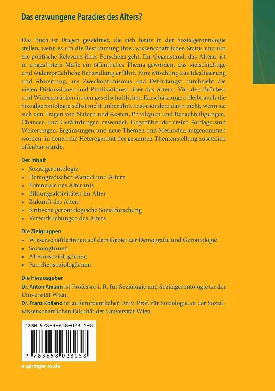 Rückseite: 9783658023058 | Das erzwungene Paradies des Alters? | Franz Kolland (u. a.) | Buch
