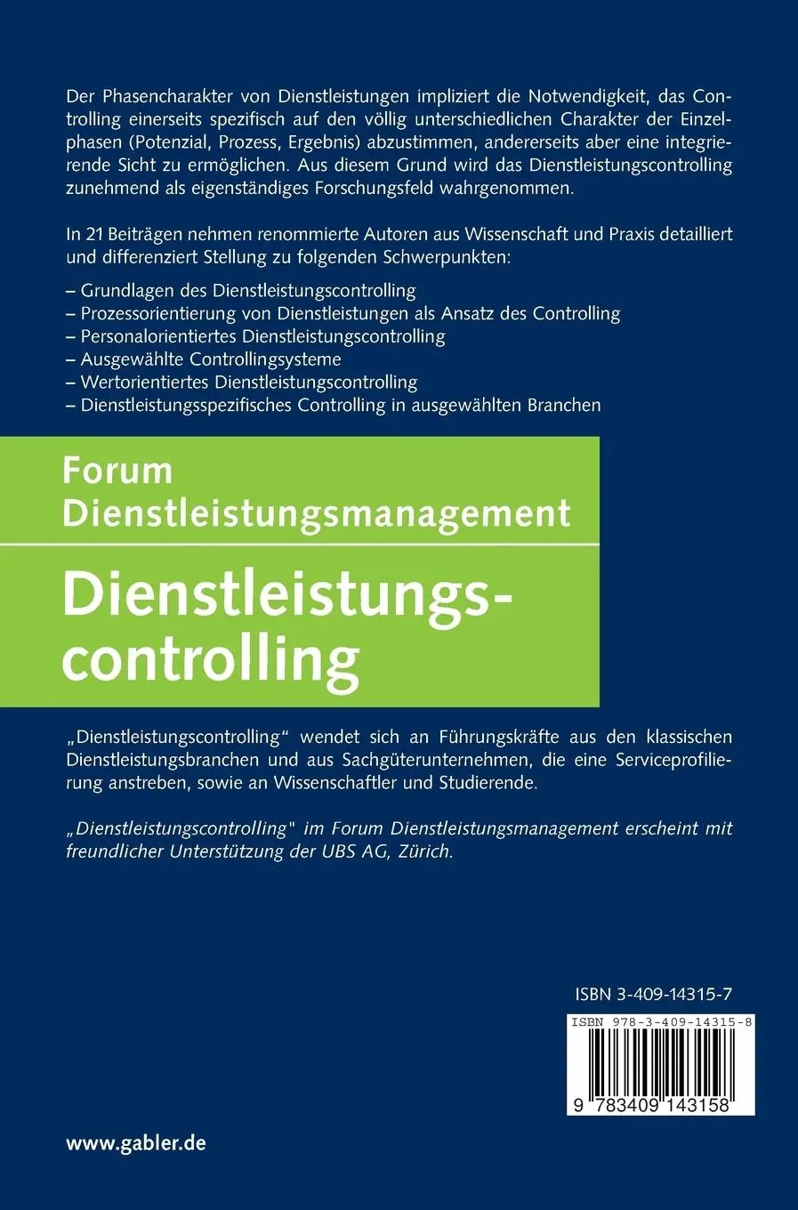 Rückseite: 9783409143158 | Dienstleistungscontrolling | Forum Dienstleistungsmanagement | Buch