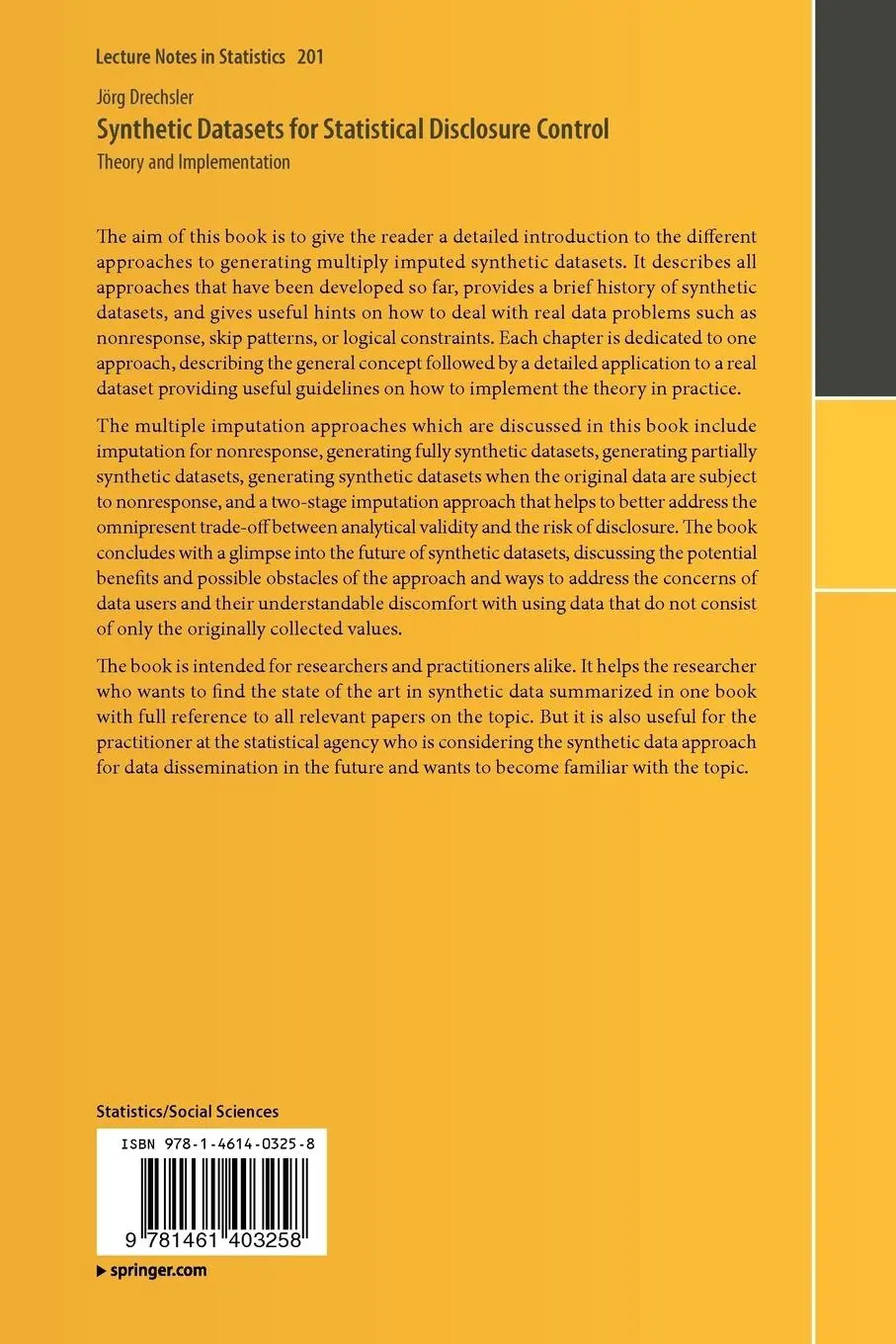 Rückseite: 9781461403258 | Synthetic Datasets for Statistical Disclosure Control | Jörg Drechsler