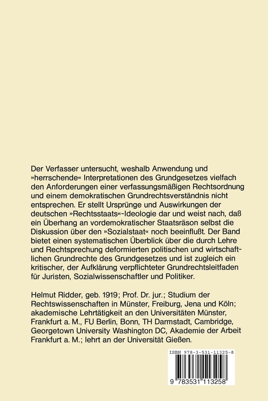 Rückseite: 9783531113258 | Die soziale Ordnung des Grundgesetzes | Helmut Ridder | Taschenbuch