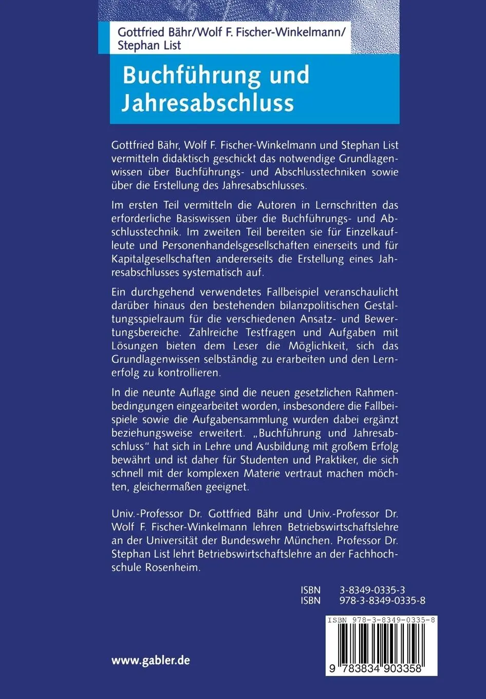 Rückseite: 9783834903358 | Buchführung und Jahresabschluss | Gottfried Bähr (u. a.) | Taschenbuch
