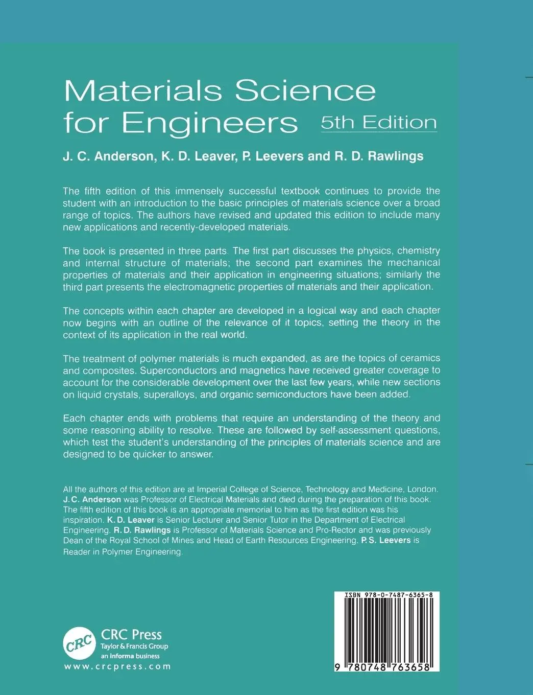 Rückseite: 9780748763658 | Materials Science for Engineers | J. C. Anderson (u. a.) | Taschenbuch