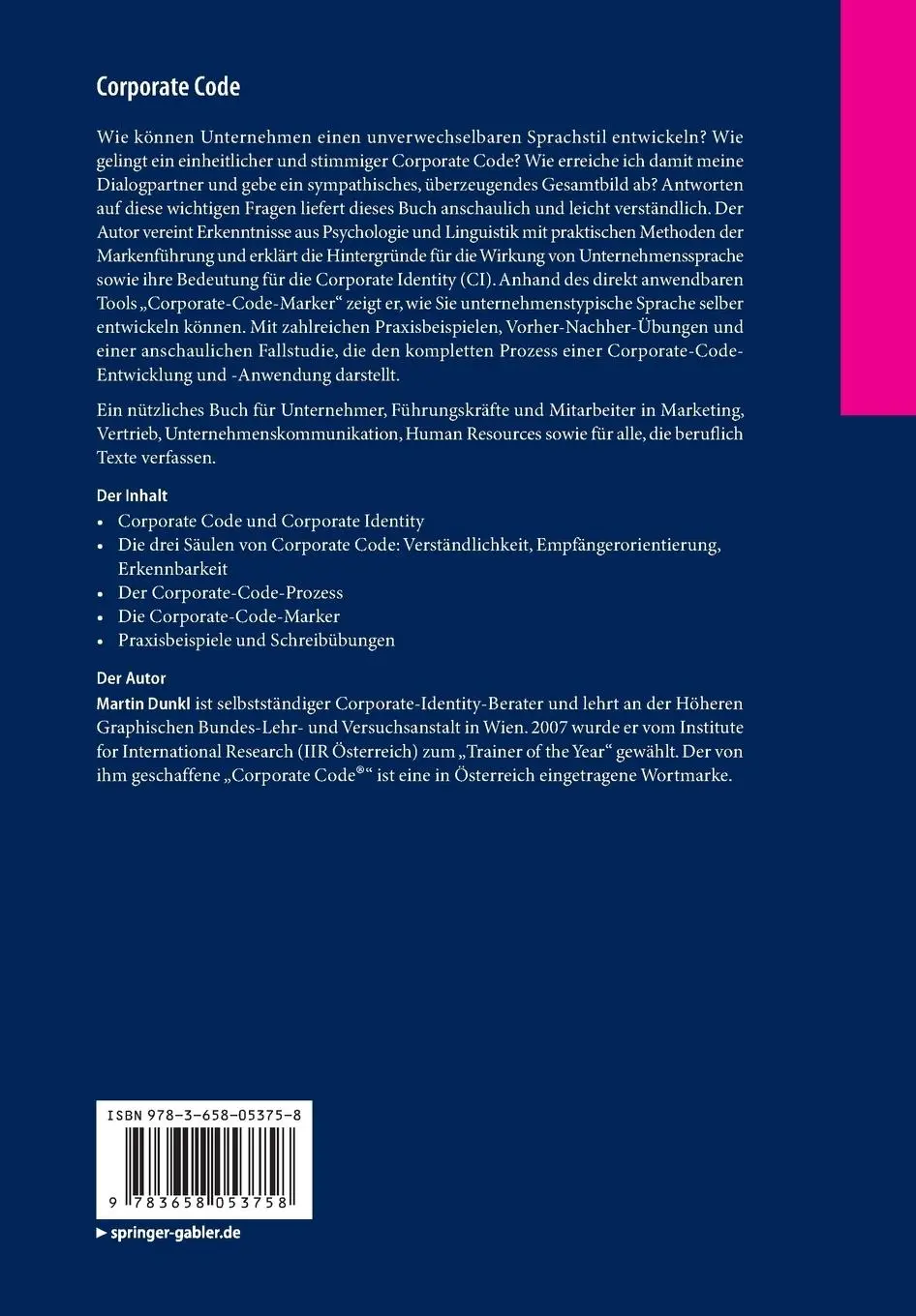 Rückseite: 9783658053758 | Corporate Code | Martin Dunkl | Taschenbuch | Paperback | xiv | 2015