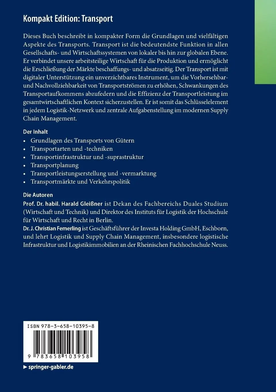 Rückseite: 9783658103958 | Kompakt Edition: Transport | Elemente - Management - Märkte | Buch
