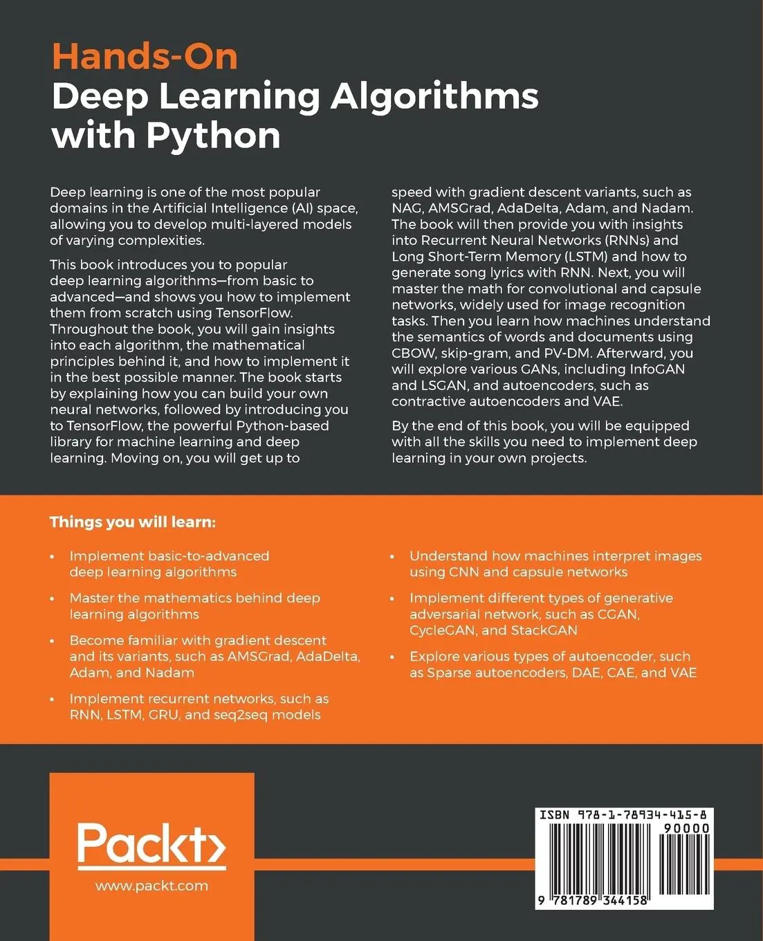 Rückseite: 9781789344158 | Hands-On Deep Learning Algorithms with Python | Ravichandiran | Buch