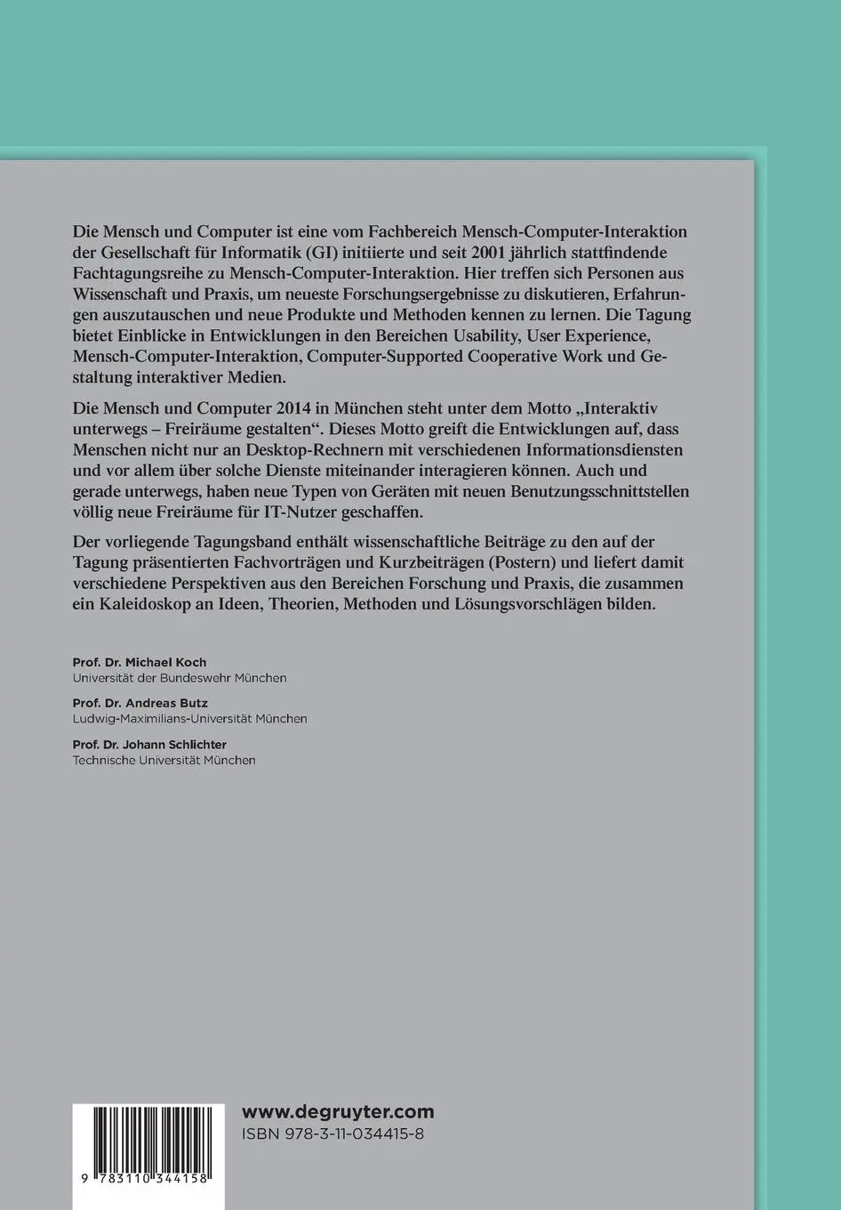 Rückseite: 9783110344158 | Mensch und Computer 2014 - Tagungsband | Michael Koch (u. a.) | Buch