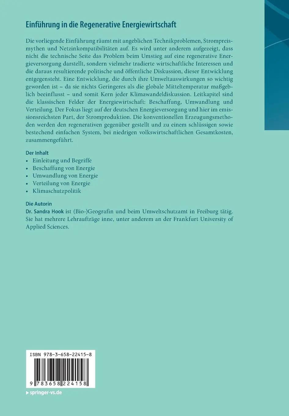 Rückseite: 9783658224158 | Einführung in die Regenerative Energiewirtschaft | Sandra Hook | Buch