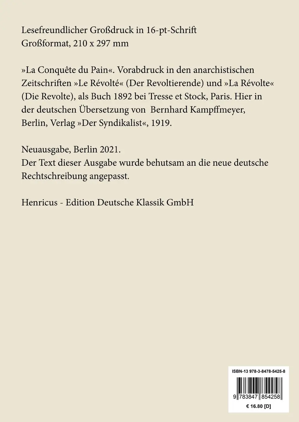 Rückseite: 9783847854258 | Die Eroberung des Brotes (Großdruck) | Peter Kropotkin | Taschenbuch